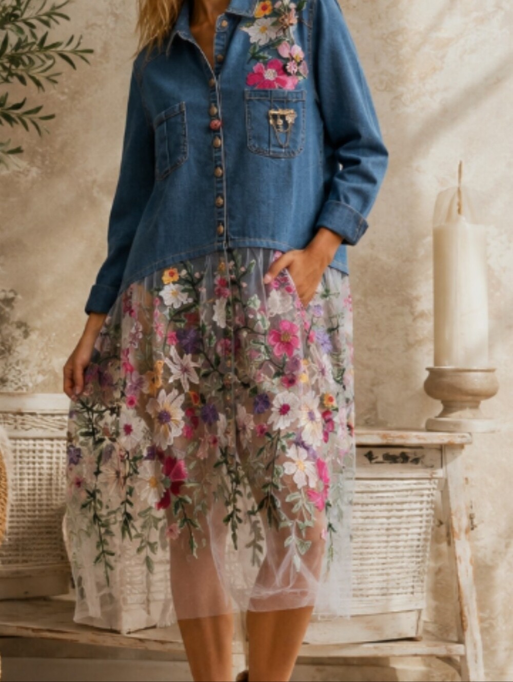 Aratta Celine Blue Denim Top with Floral Embroidered Skirt